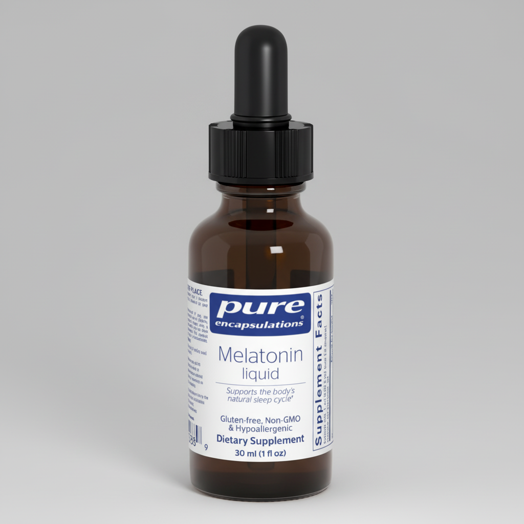 Bottle of pure encapsulations Melatonin liquid supplement on a white background