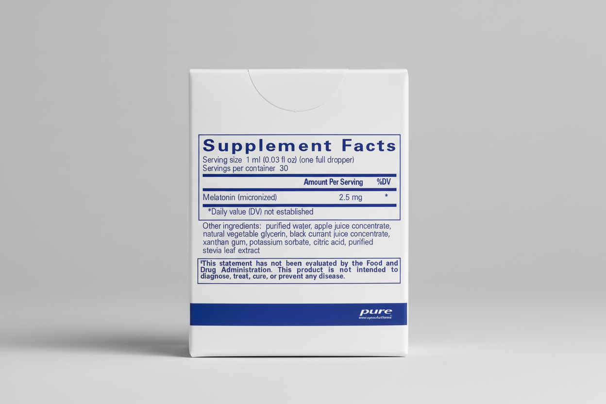 Supplement facts label for a product containing melatonin with branding from pure encapsulations.