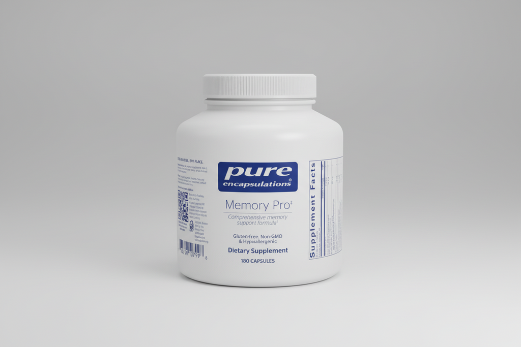 White supplement bottle labeled 'Memory Pro' by pure encapsulations on a white background