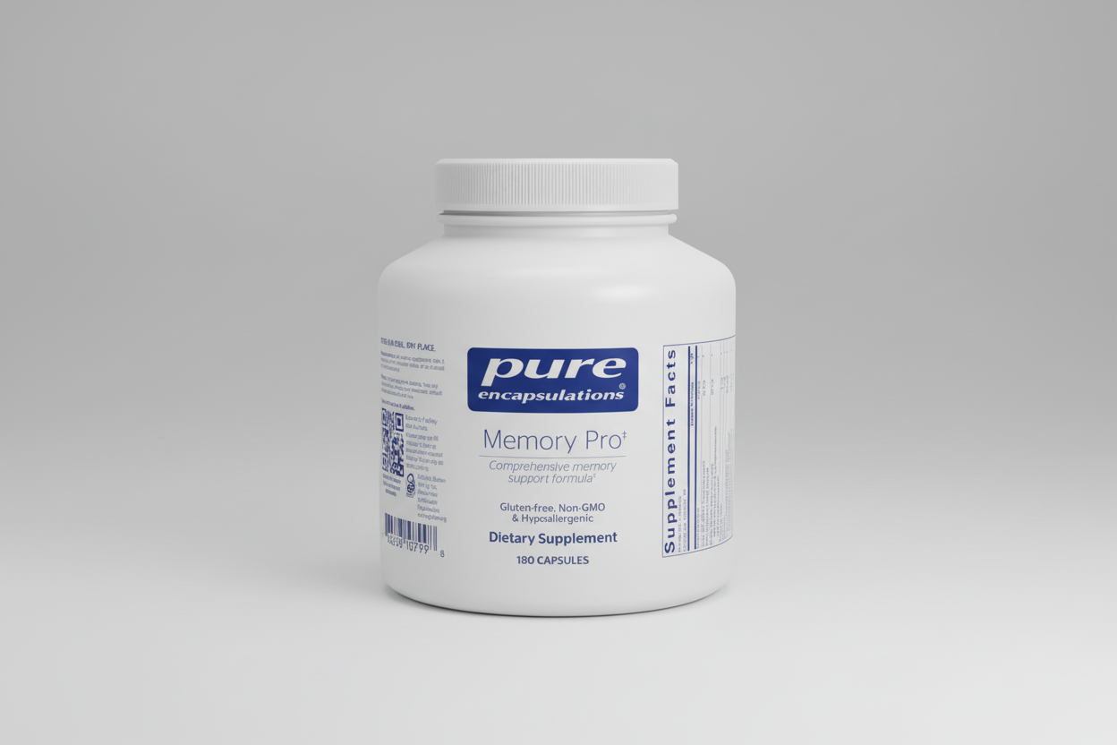 White supplement bottle labeled 'Memory Pro' by pure encapsulations on a white background