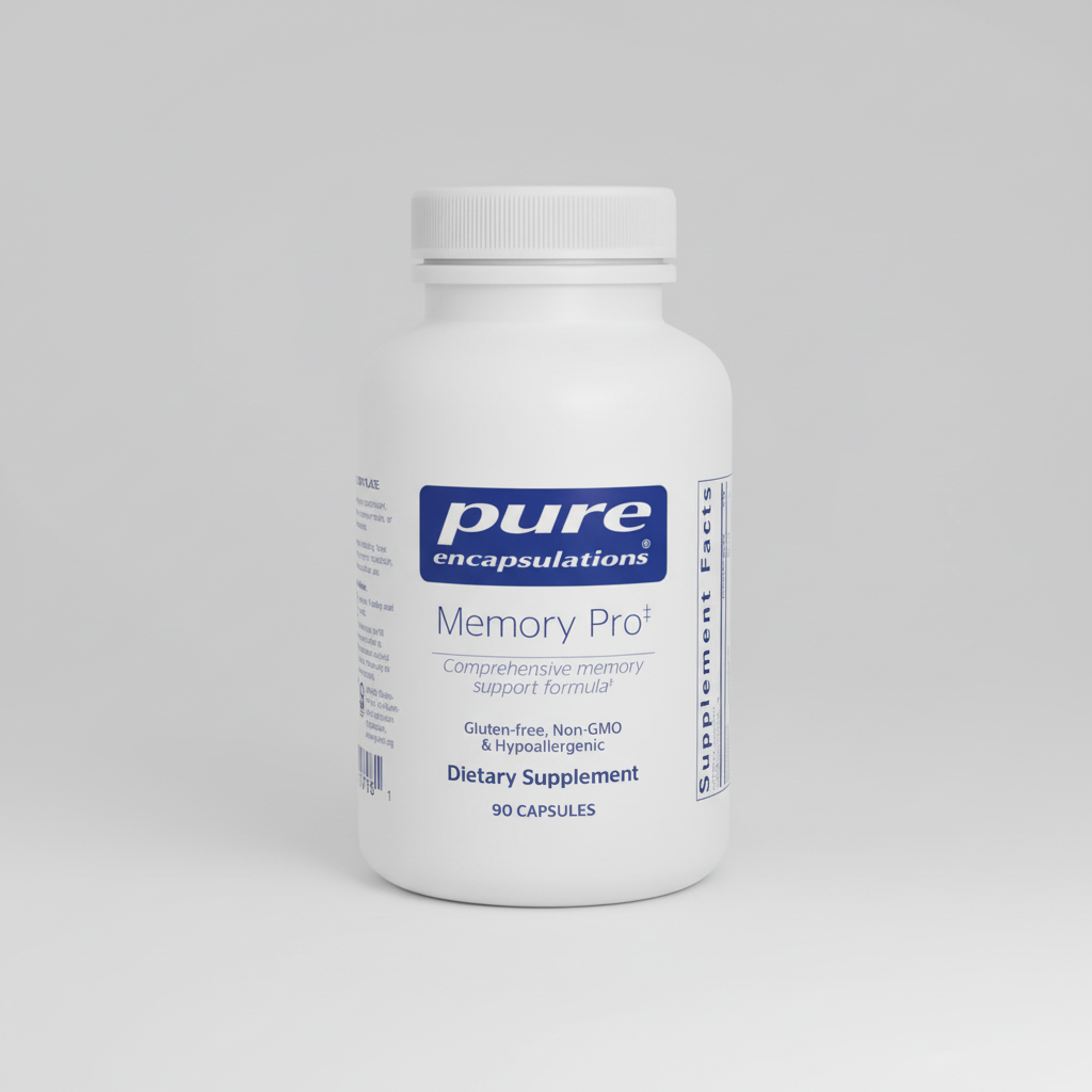 White supplement bottle labeled 'pure encapsulations Memory Pro' on a white background