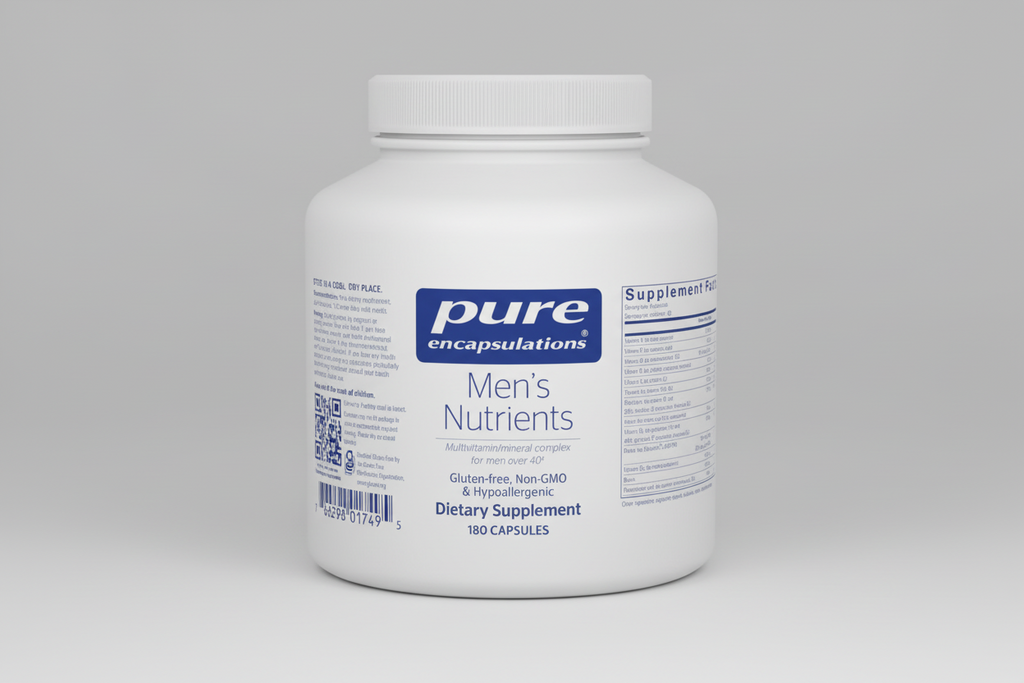 White supplement container labeled 'pure encapsulations Men's Nutrients' on a white background