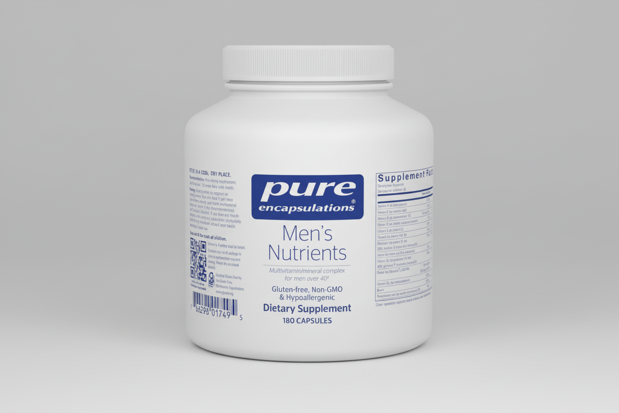 White supplement container labeled 'pure encapsulations Men's Nutrients' on a white background