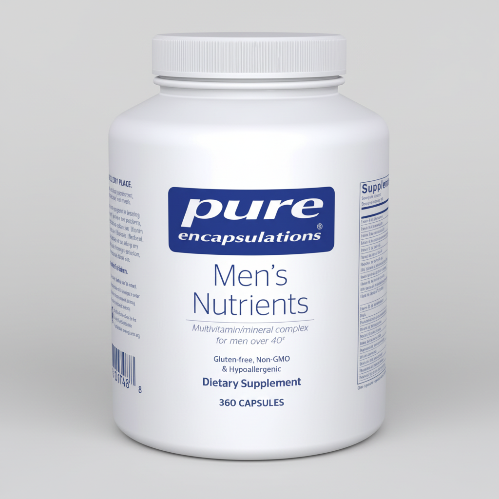 Supplement bottle labeled 'pure encapsulations Men's Nutrients' on a white background