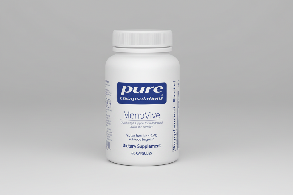White supplement bottle labeled 'pure encapsulations MenoVive' on a white background