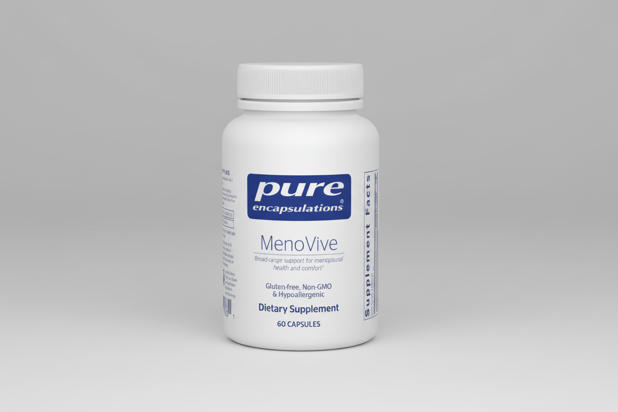 White supplement bottle labeled 'pure encapsulations MenoVive' on a white background