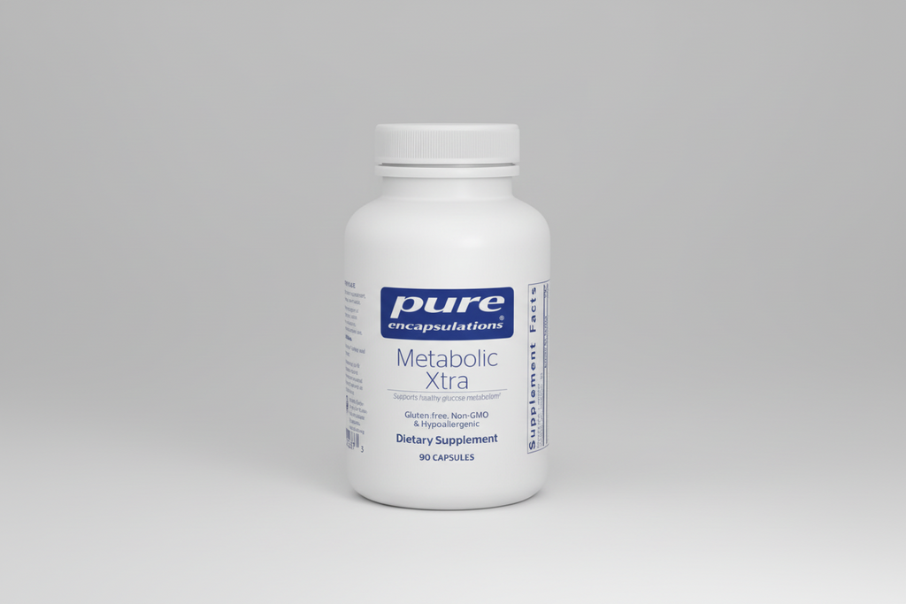 White supplement bottle labeled 'Metabolic Xtra' by pure encapsulations on a white background
