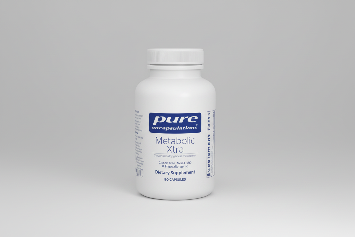 White supplement bottle labeled 'Metabolic Xtra' by pure encapsulations on a white background
