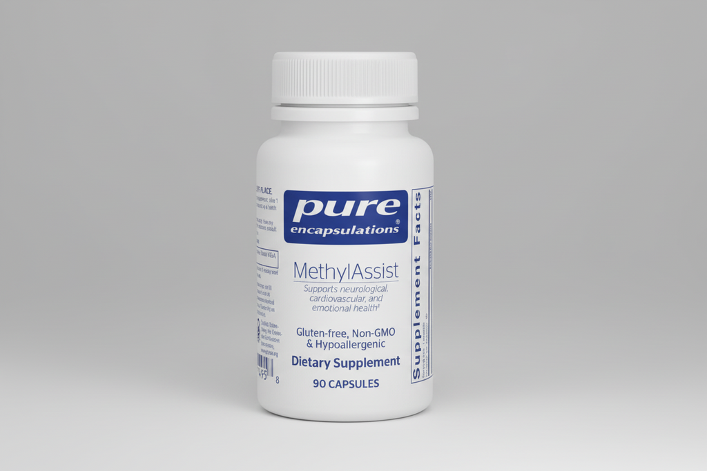 White supplement bottle labeled 'pure encapsulations MethylAssist' on a white background