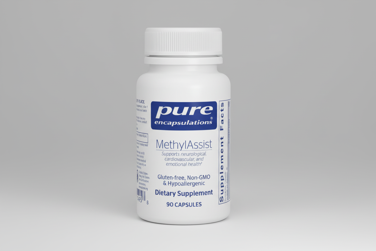 White supplement bottle labeled 'pure encapsulations MethylAssist' on a white background