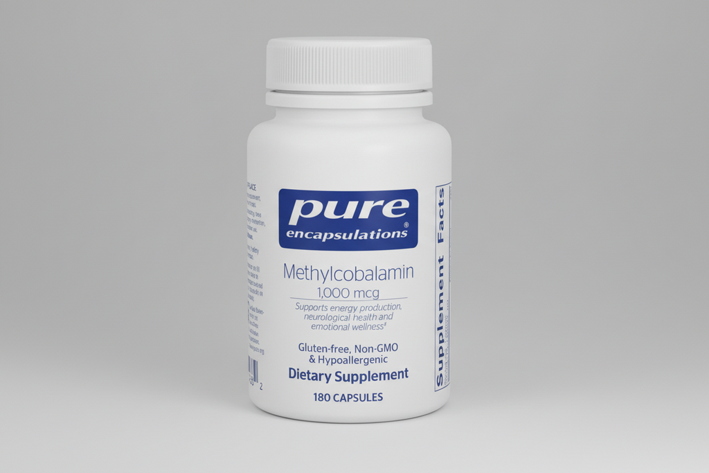 Supplement bottle labeled 'pure encapsulations' on a white background