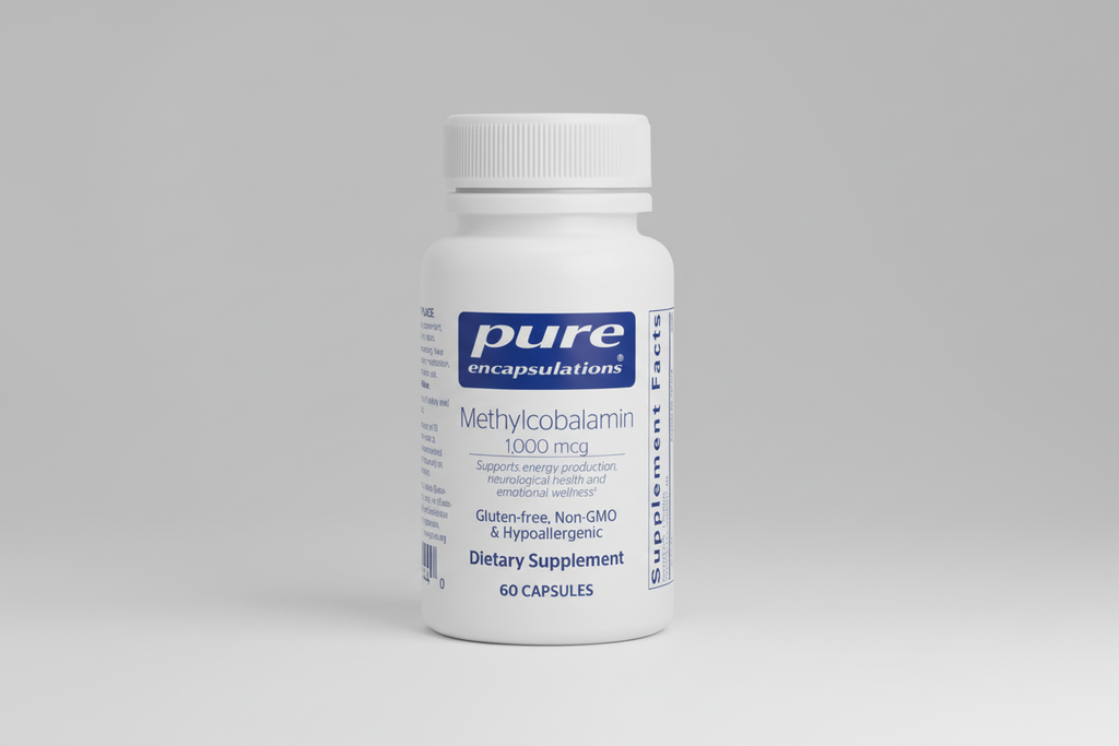 Supplement bottle labeled 'pure encapsulations' on a white background