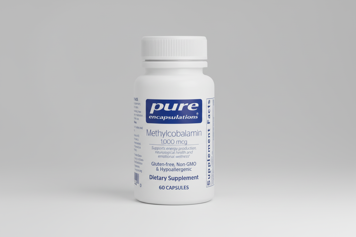 Supplement bottle labeled 'pure encapsulations' on a white background