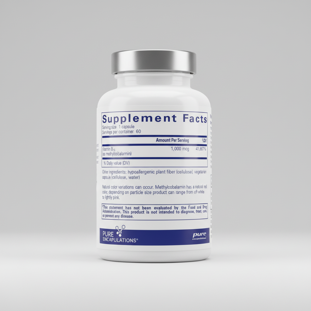 Supplement facts label for Vitamin B12 capsules with pure encapsulations branding.
