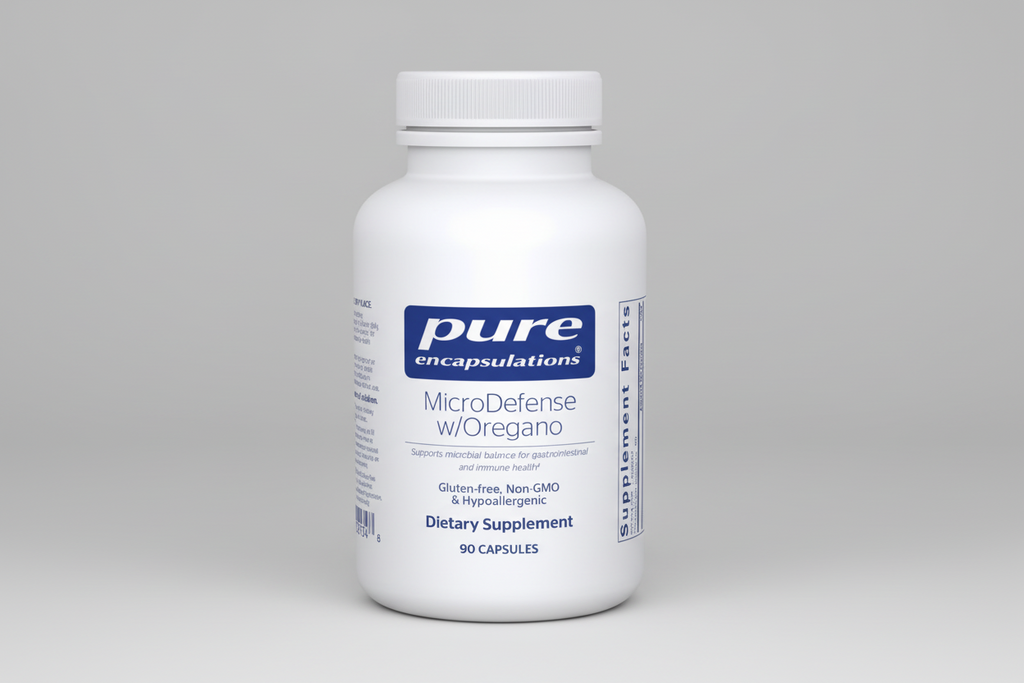 White supplement bottle labeled 'pure encapsulations MicroDefense w/Oregano' on a white background