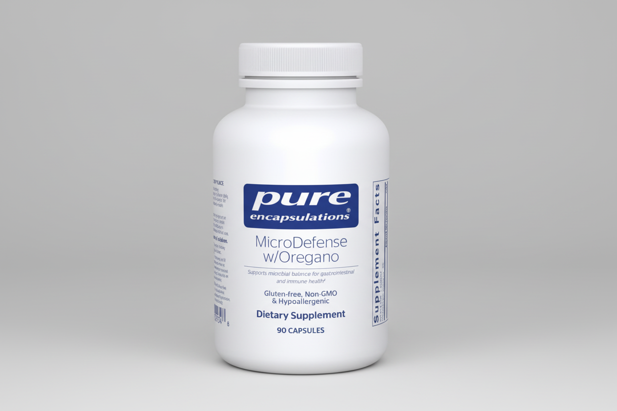 White supplement bottle labeled 'pure encapsulations MicroDefense w/Oregano' on a white background