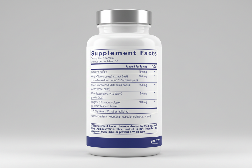 Supplement facts label for a product by pure encapsulations with listed ingredients and their amounts.