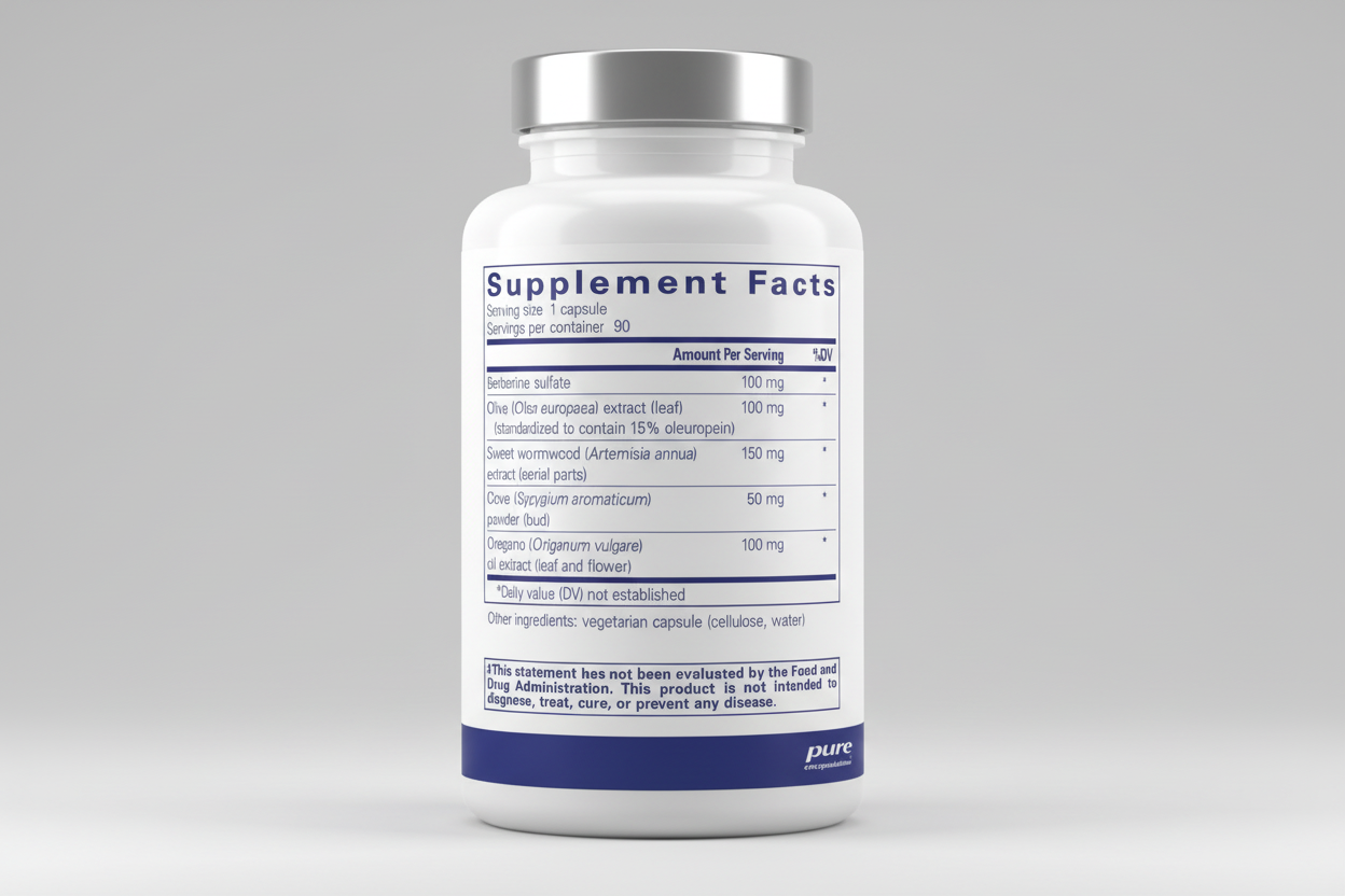 Supplement facts label for a product by pure encapsulations with listed ingredients and their amounts.