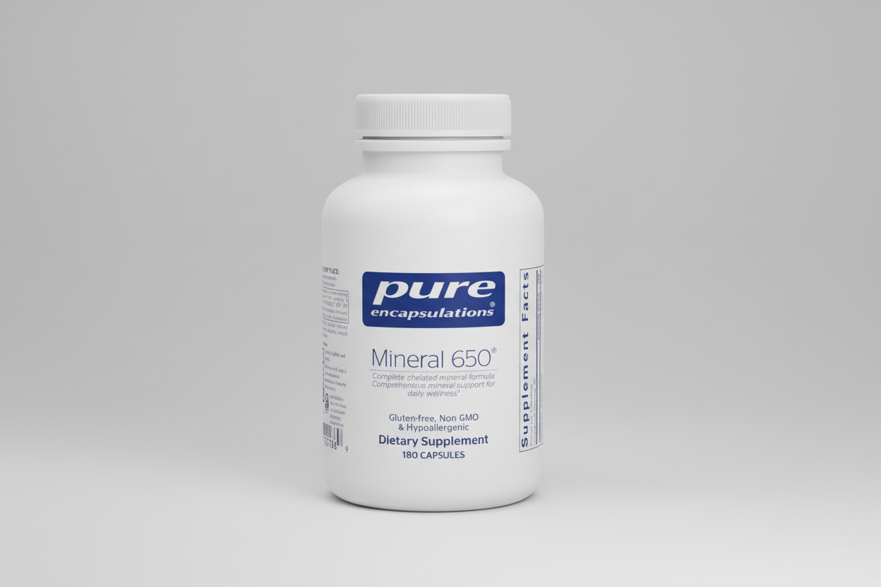 White supplement bottle labeled 'pure encapsulations Mineral 650' on a white background