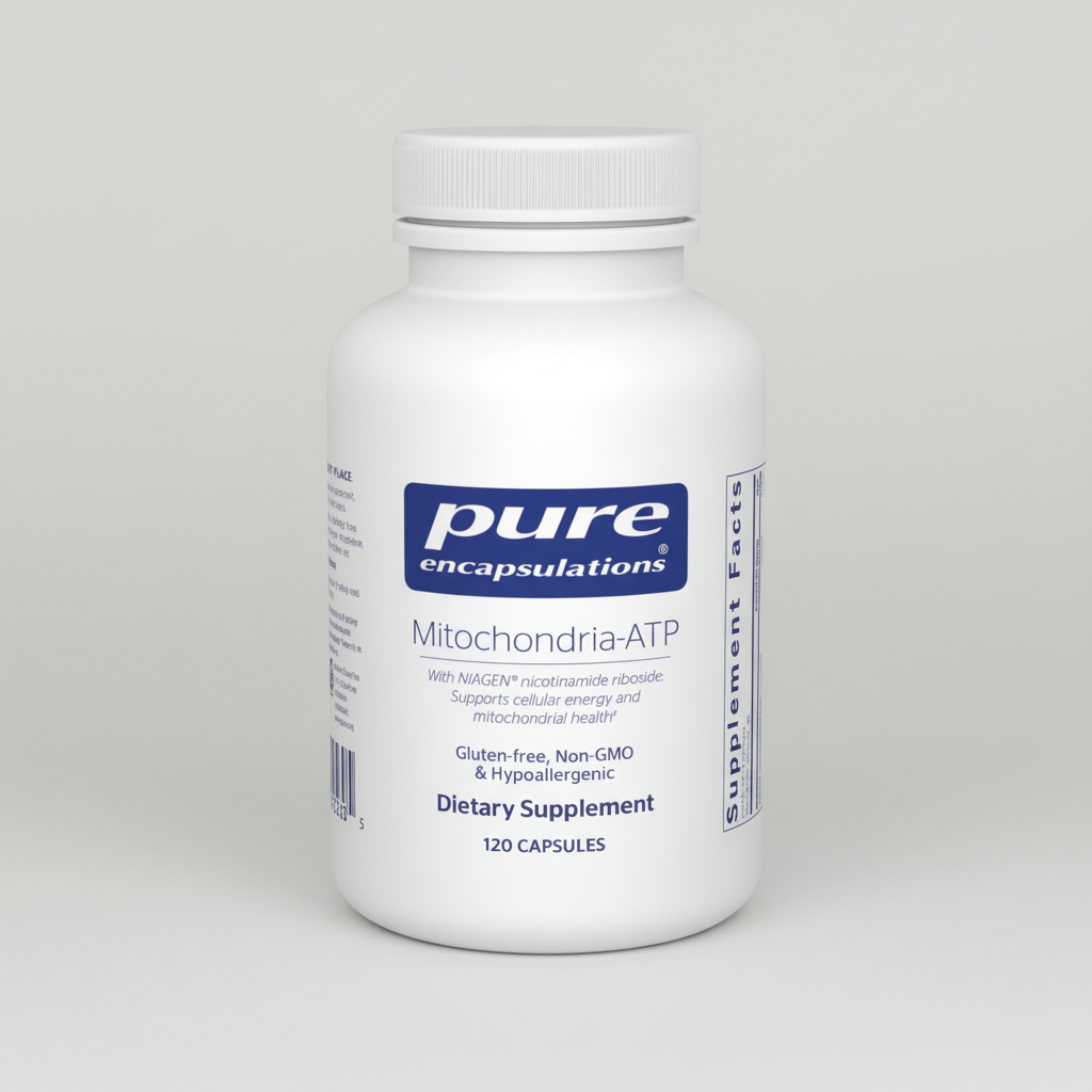 White supplement bottle labeled 'pure encapsulations' on a white background