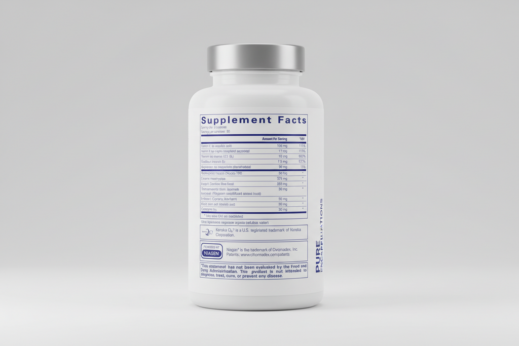 Supplement facts label for pure encapsulations on a white background