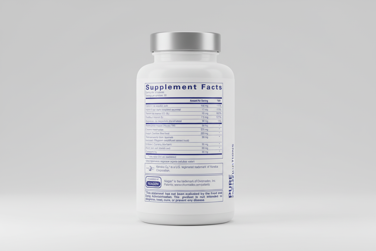 Supplement facts label for pure encapsulations on a white background