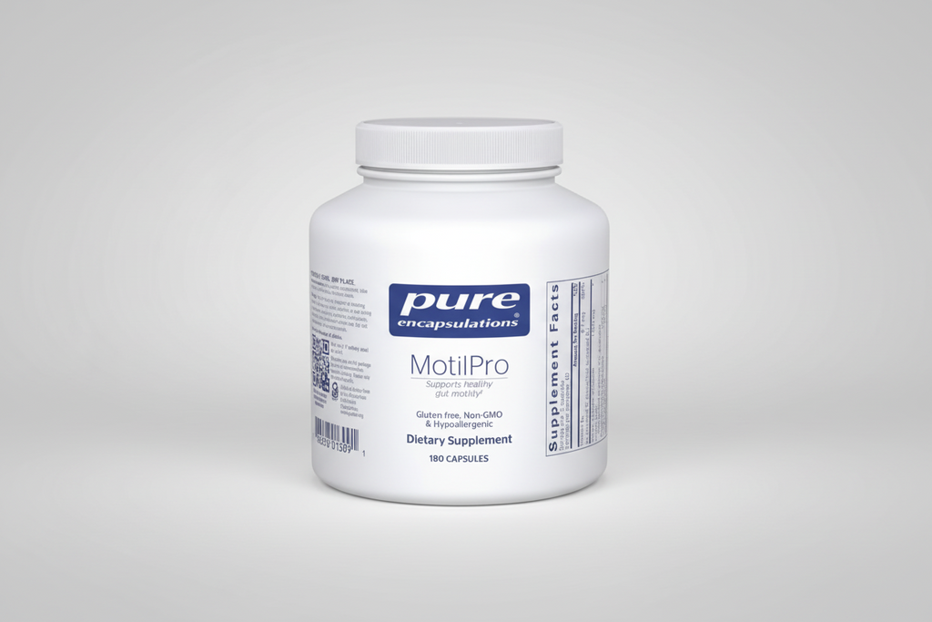 White supplement bottle labeled 'pure encapsulations MotilPro' on a white background
