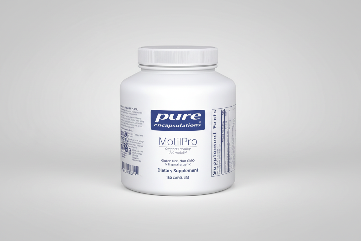 White supplement bottle labeled 'pure encapsulations MotilPro' on a white background