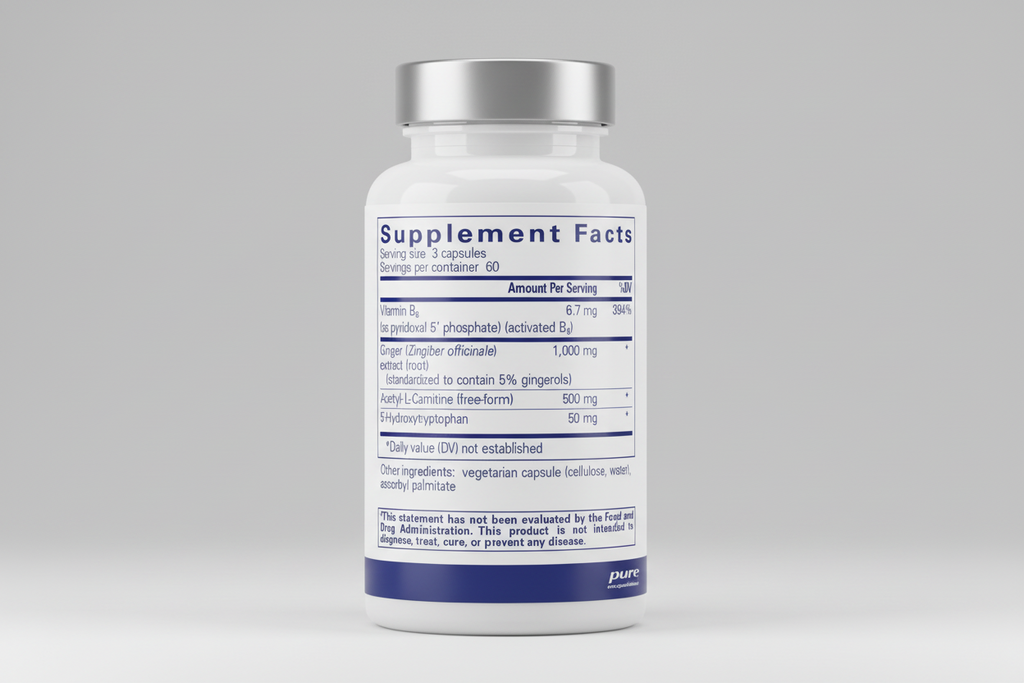 Supplement facts label for a product by pure encapsulations with various vitamins and extracts listed.