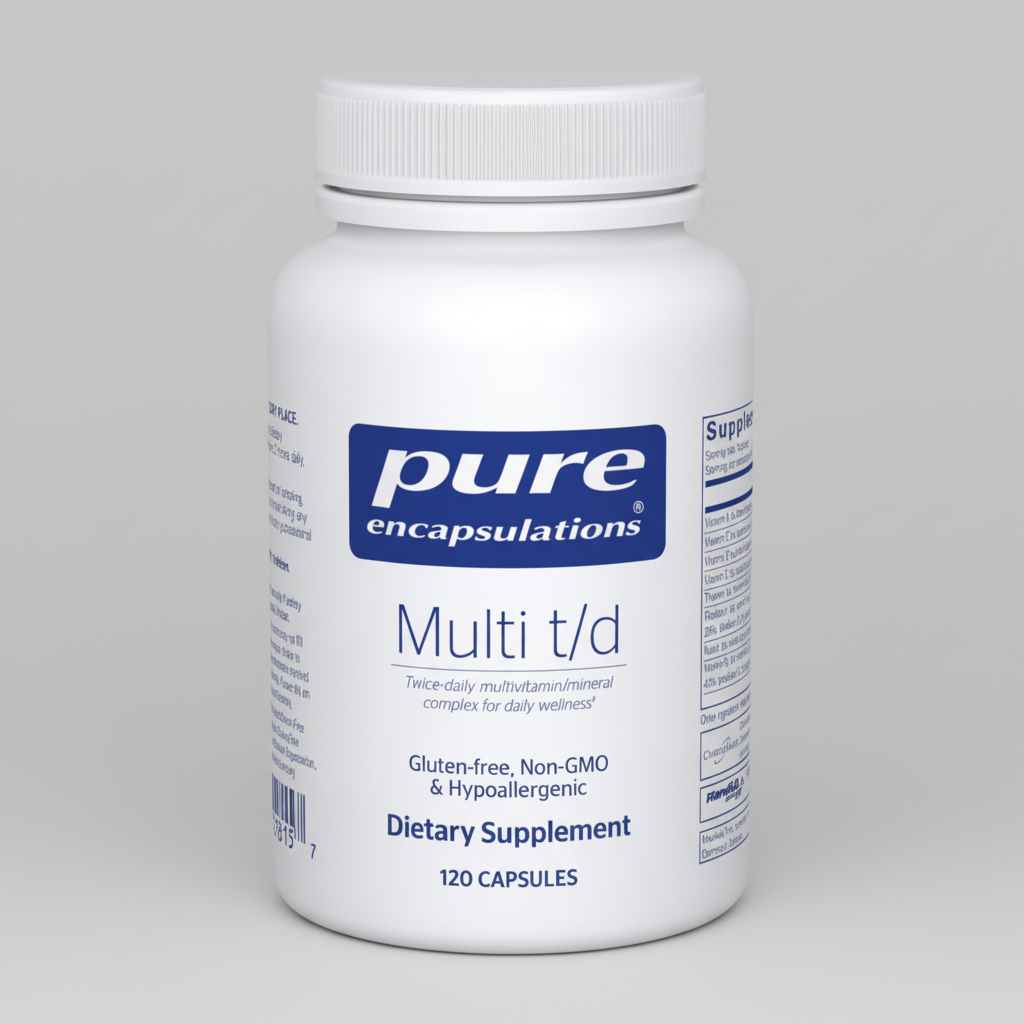 White bottle of pure encapsulations Multi t/d dietary supplement on a white background