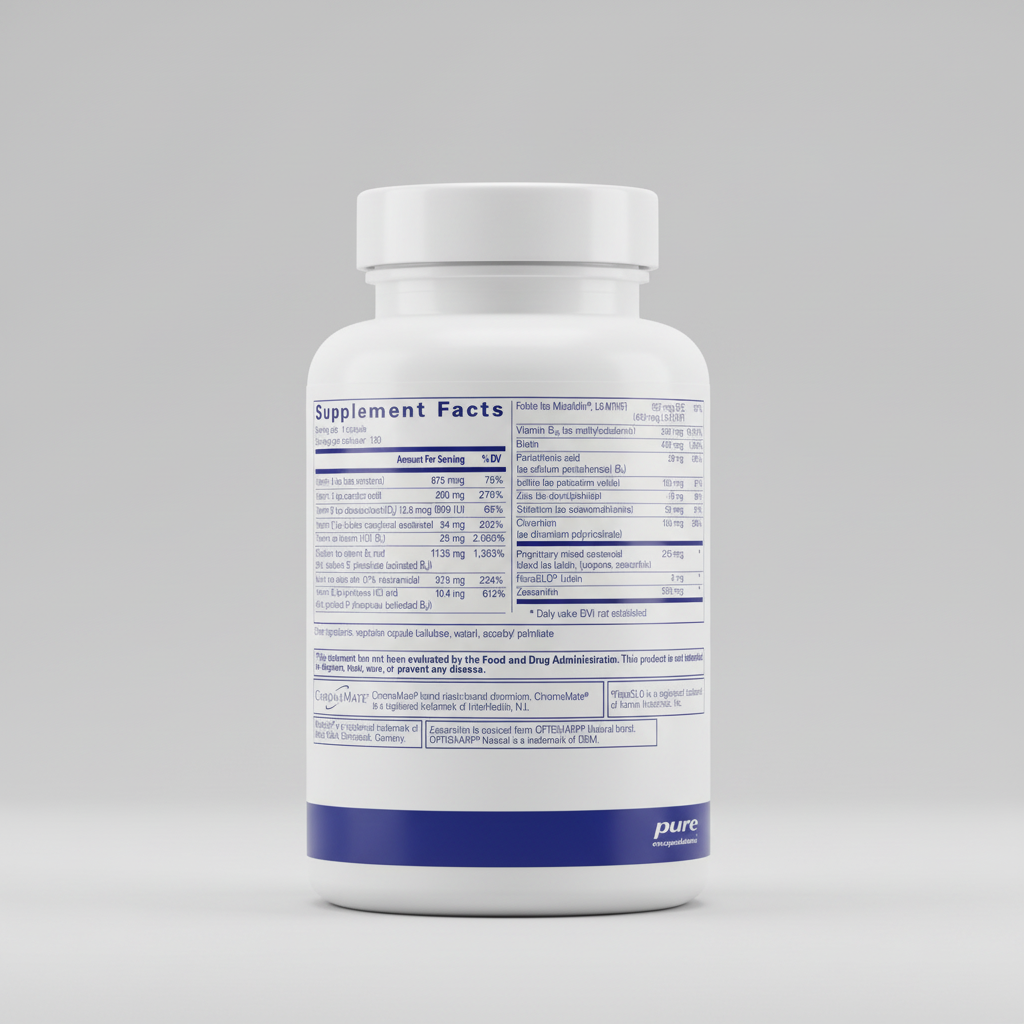 Supplement label with detailed nutritional information on a white background
