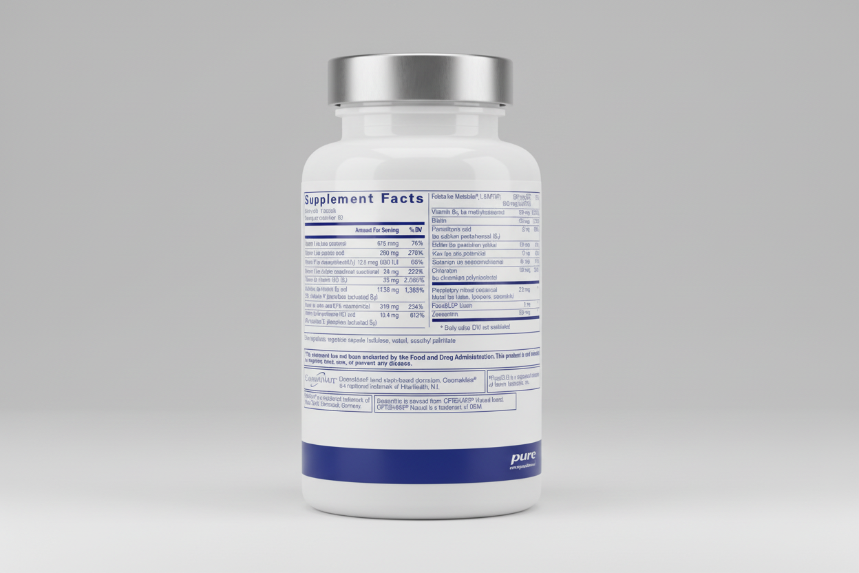 Supplement label with detailed nutritional information on a white background