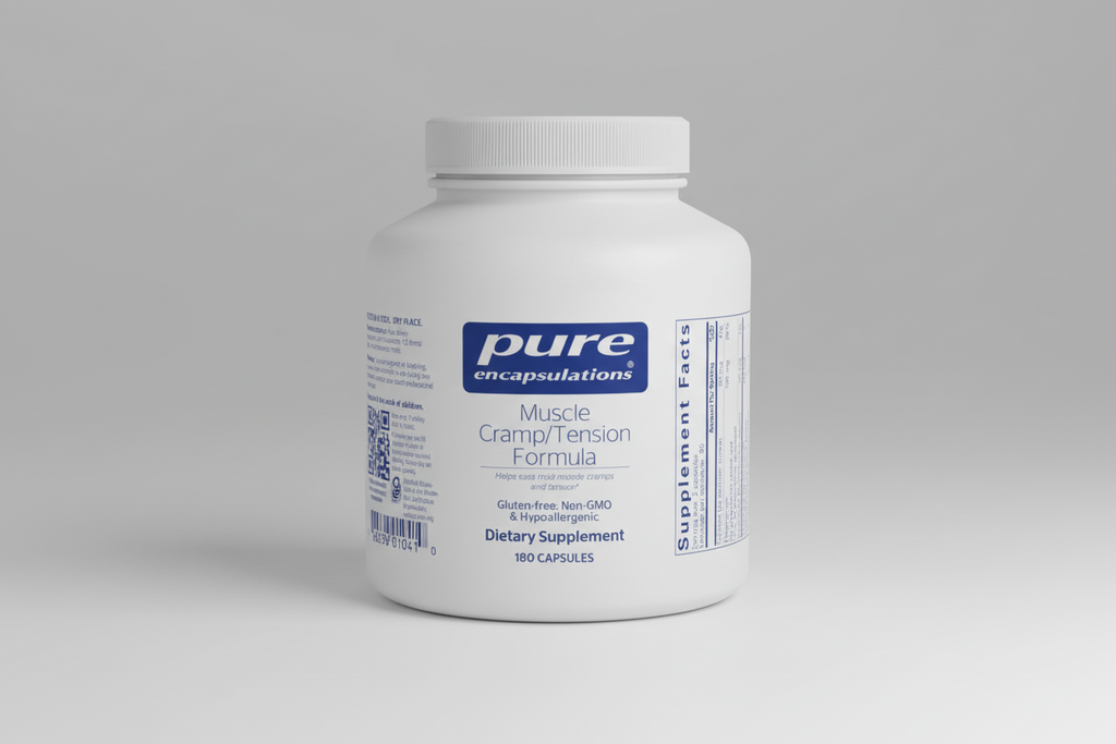 White supplement container labeled 'pure encapsulations Muscle Cramp/Tension Formula' on a white background
