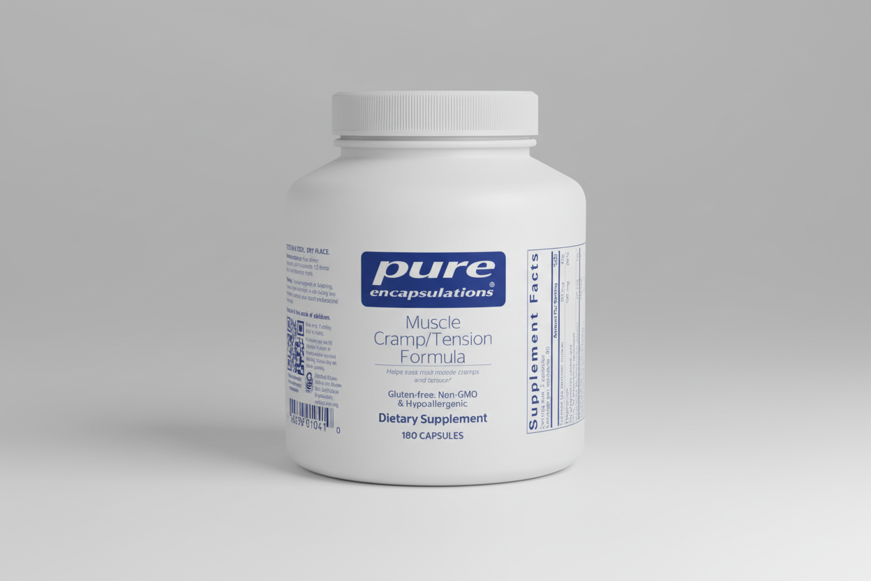 White supplement container labeled 'pure encapsulations Muscle Cramp/Tension Formula' on a white background