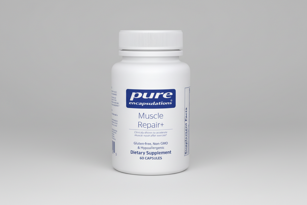 Supplement bottle labeled 'pure encapsulations Muscle Repair+' on a white background