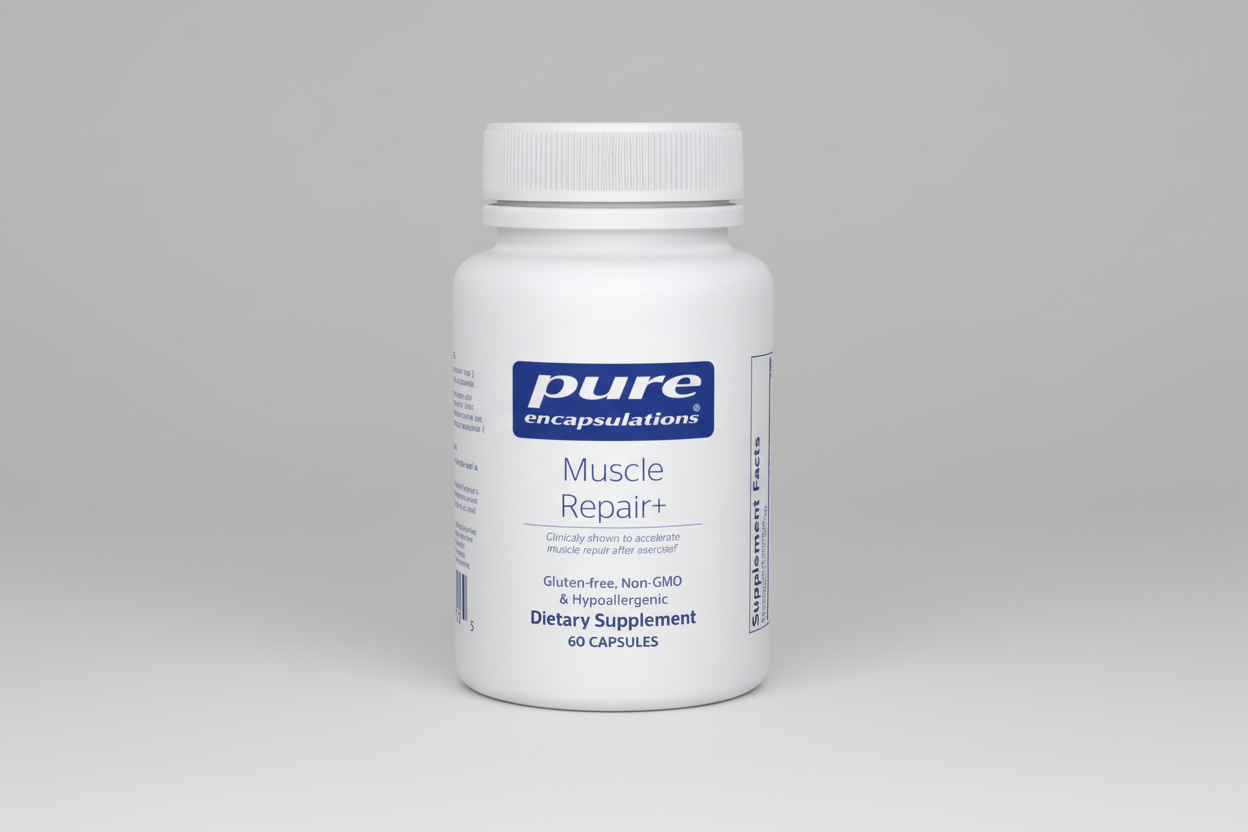 Supplement bottle labeled 'pure encapsulations Muscle Repair+' on a white background