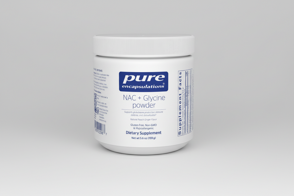 Container of pure encapsulations NAC + Glycine powder on a white background