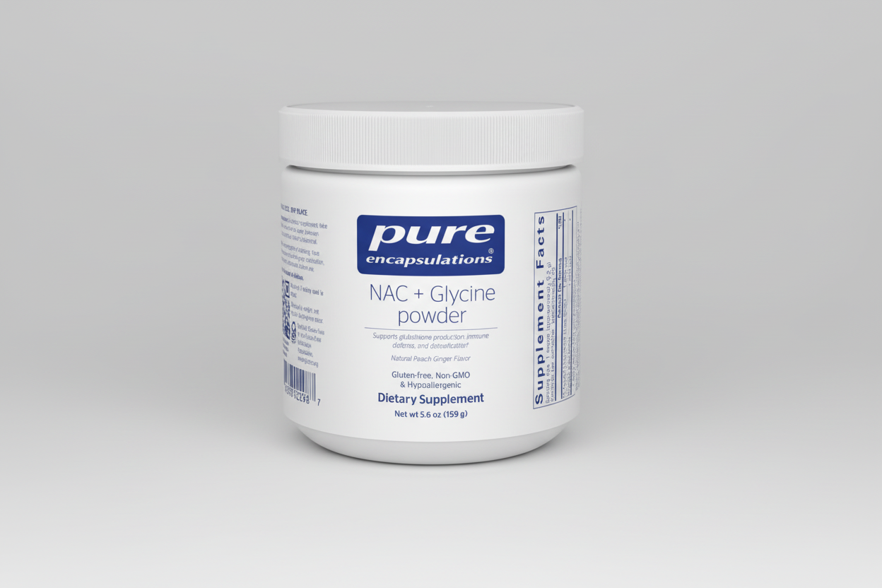 Container of pure encapsulations NAC + Glycine powder on a white background
