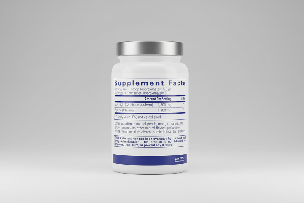 Supplement facts label for a product by pure encapsulations with N-Acetyl-L-Cysteine and Glycine content.