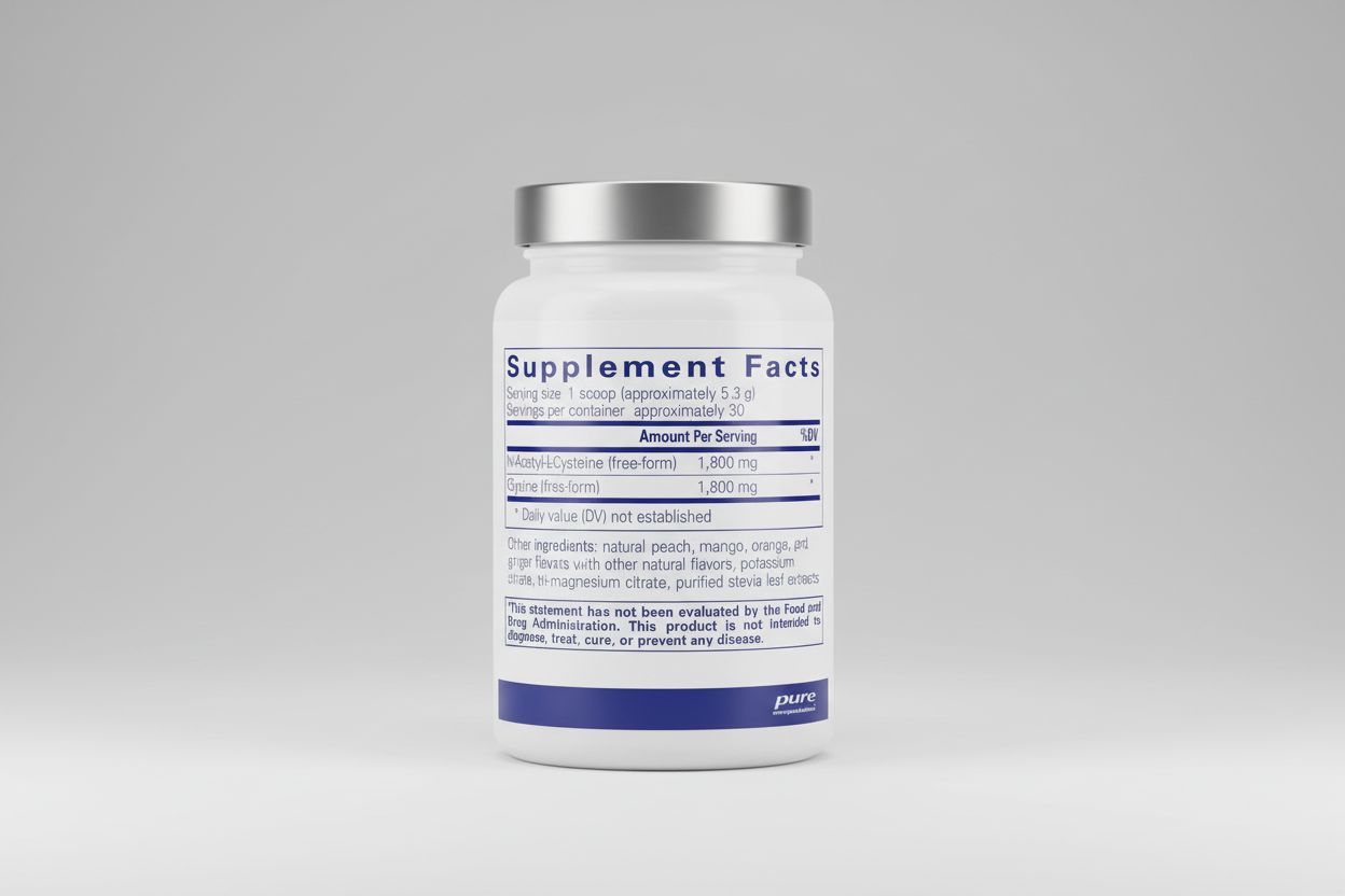 Supplement facts label for a product by pure encapsulations with N-Acetyl-L-Cysteine and Glycine content.