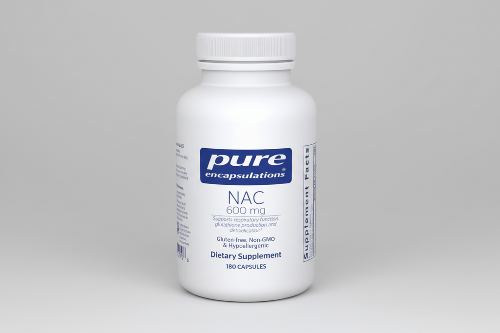 White supplement bottle labeled 'pure encapsulations NAC 600 mg' on a white background