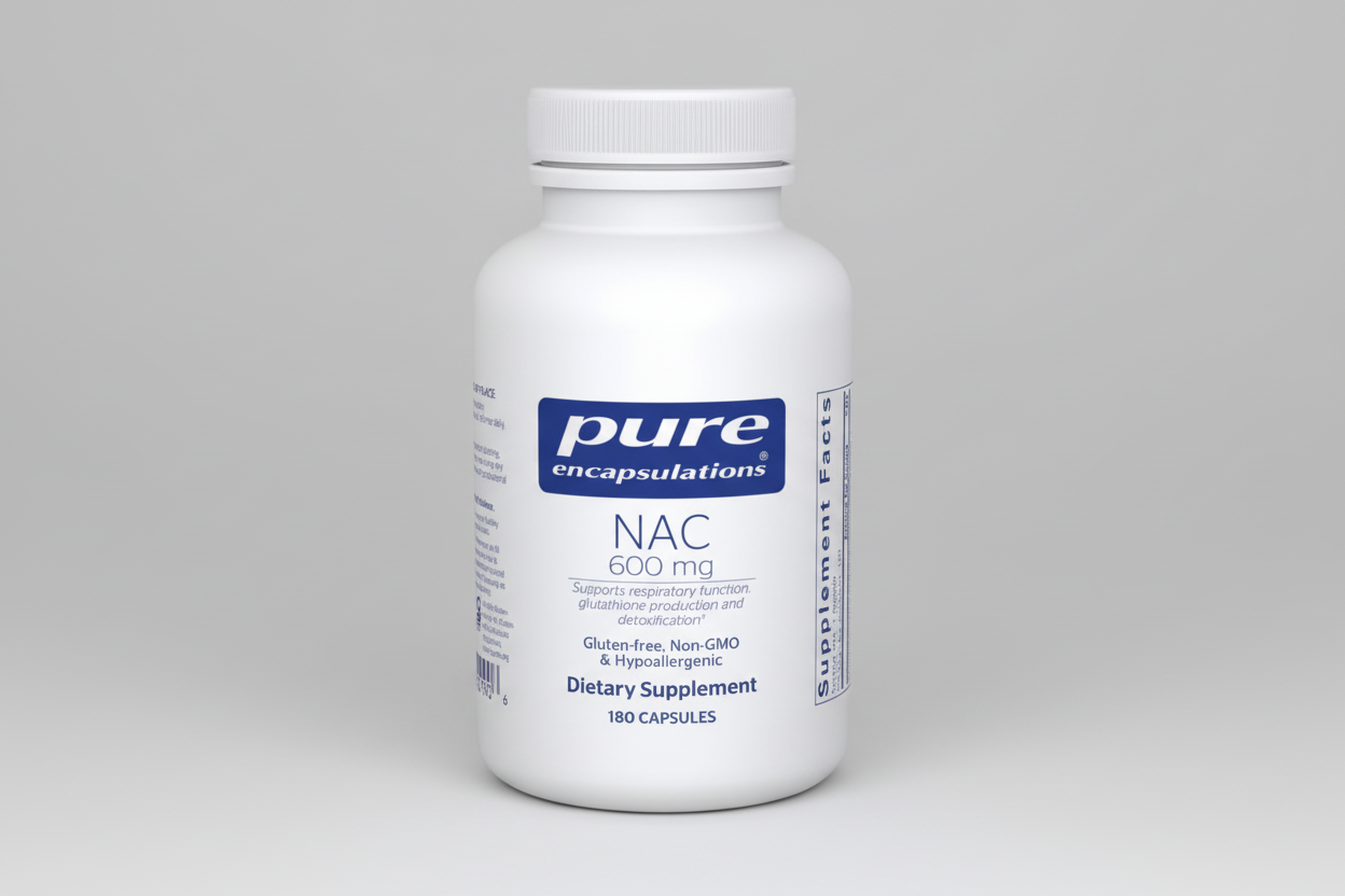 White supplement bottle labeled 'pure encapsulations NAC 600 mg' on a white background