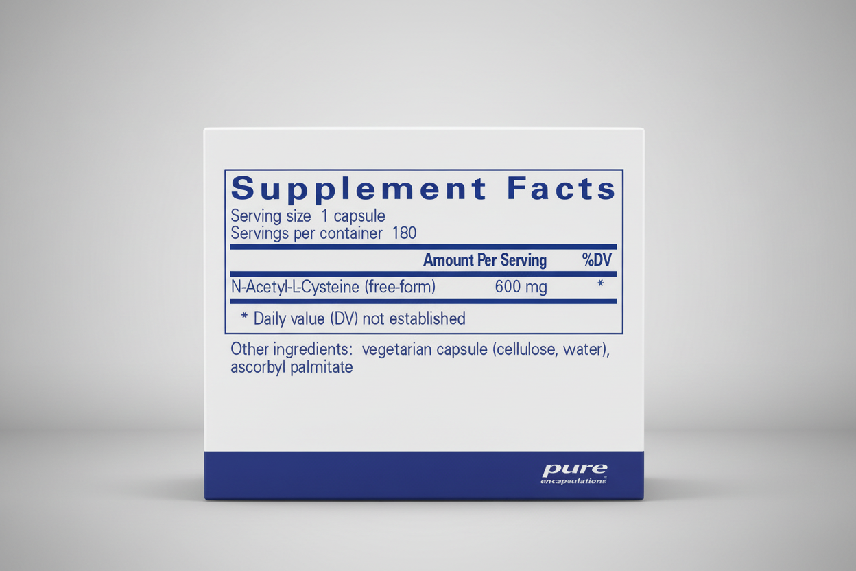 Supplement facts label for N-Acetyl-L-Cysteine with pure encapsulations branding.