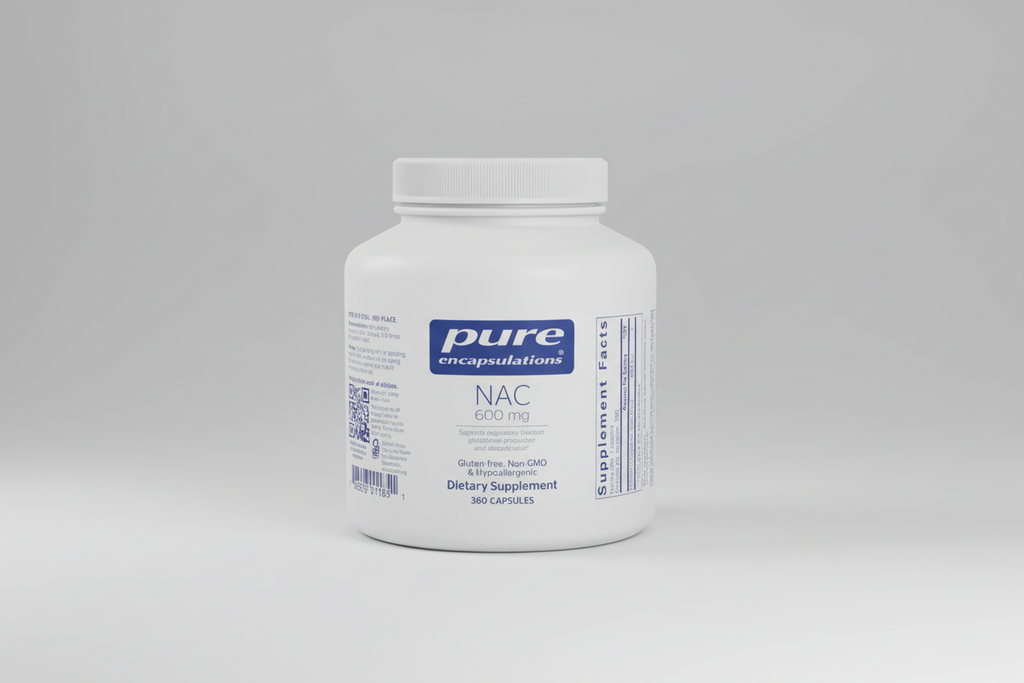 White supplement container labeled 'pure encapsulations NAC 600 mg' on a white background