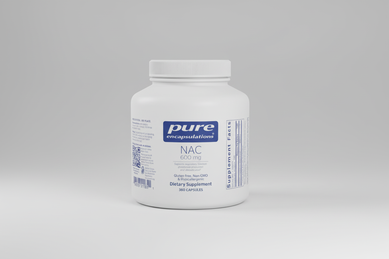 White supplement container labeled 'pure encapsulations NAC 600 mg' on a white background