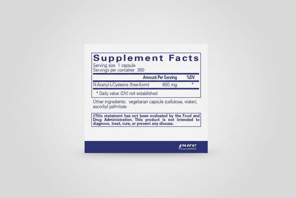 Supplement facts label for N-Acetyl-L-Cysteine with serving size, servings per container, and other ingredients.