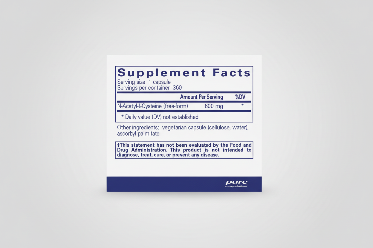 Supplement facts label for N-Acetyl-L-Cysteine with serving size, servings per container, and other ingredients.