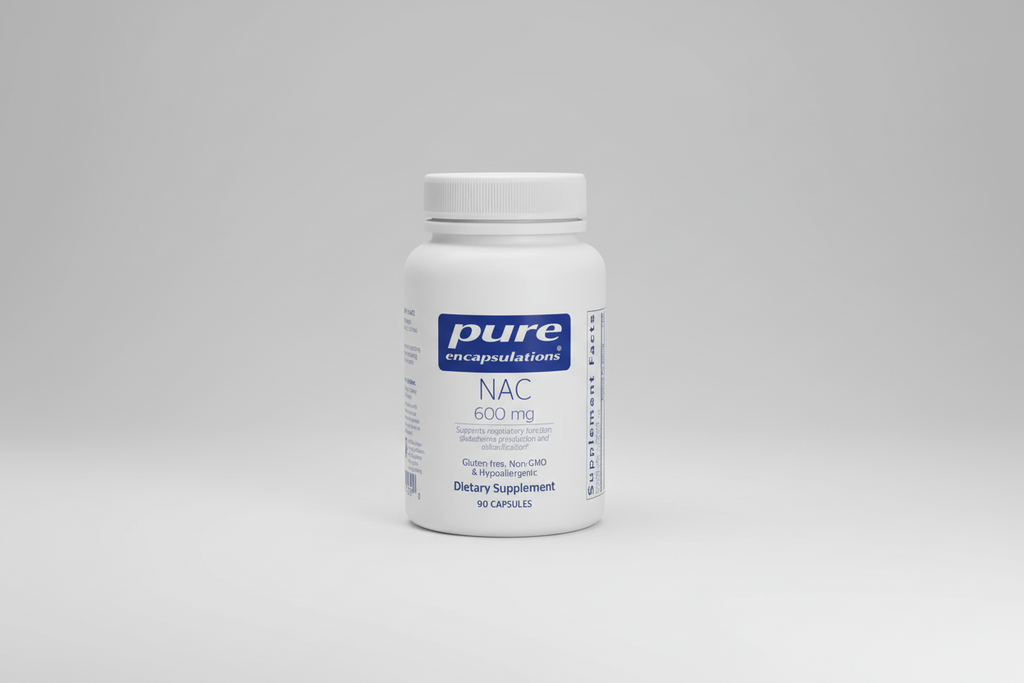 White supplement bottle labeled 'pure encapsulations NAC 600 mg' on a white background