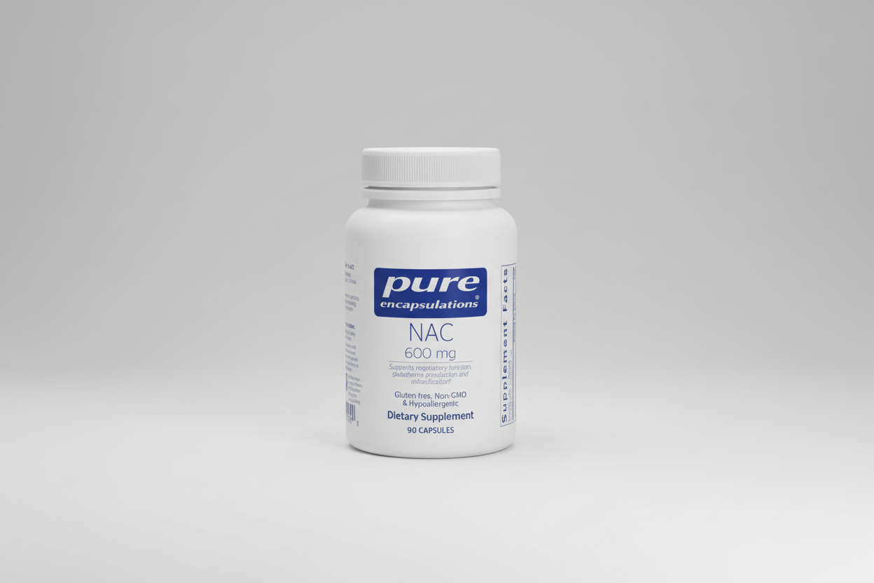 White supplement bottle labeled 'pure encapsulations NAC 600 mg' on a white background
