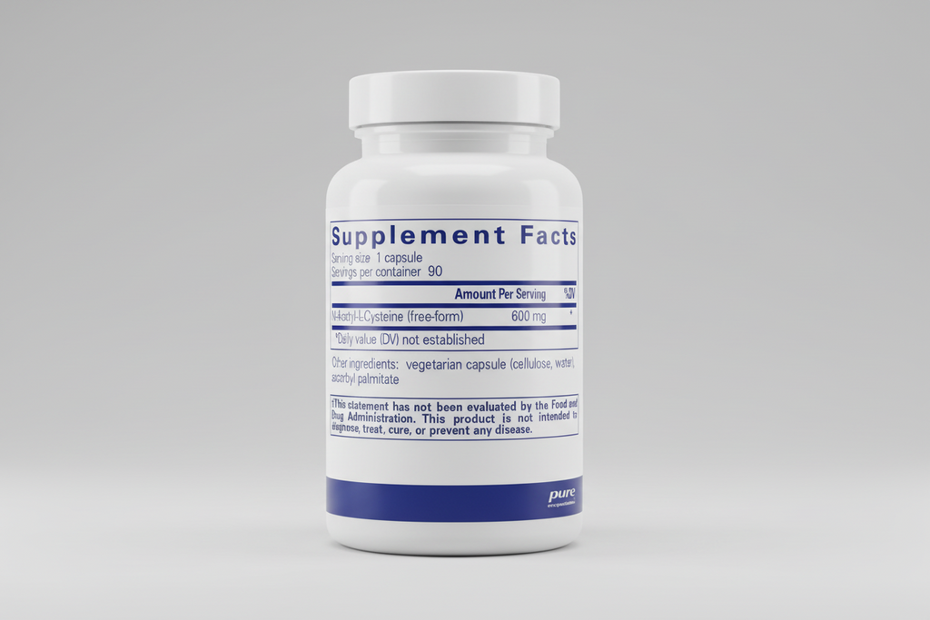 Supplement facts label for N-Acetyl-L-Cysteine with serving size, servings per container, and other ingredients on a white background.